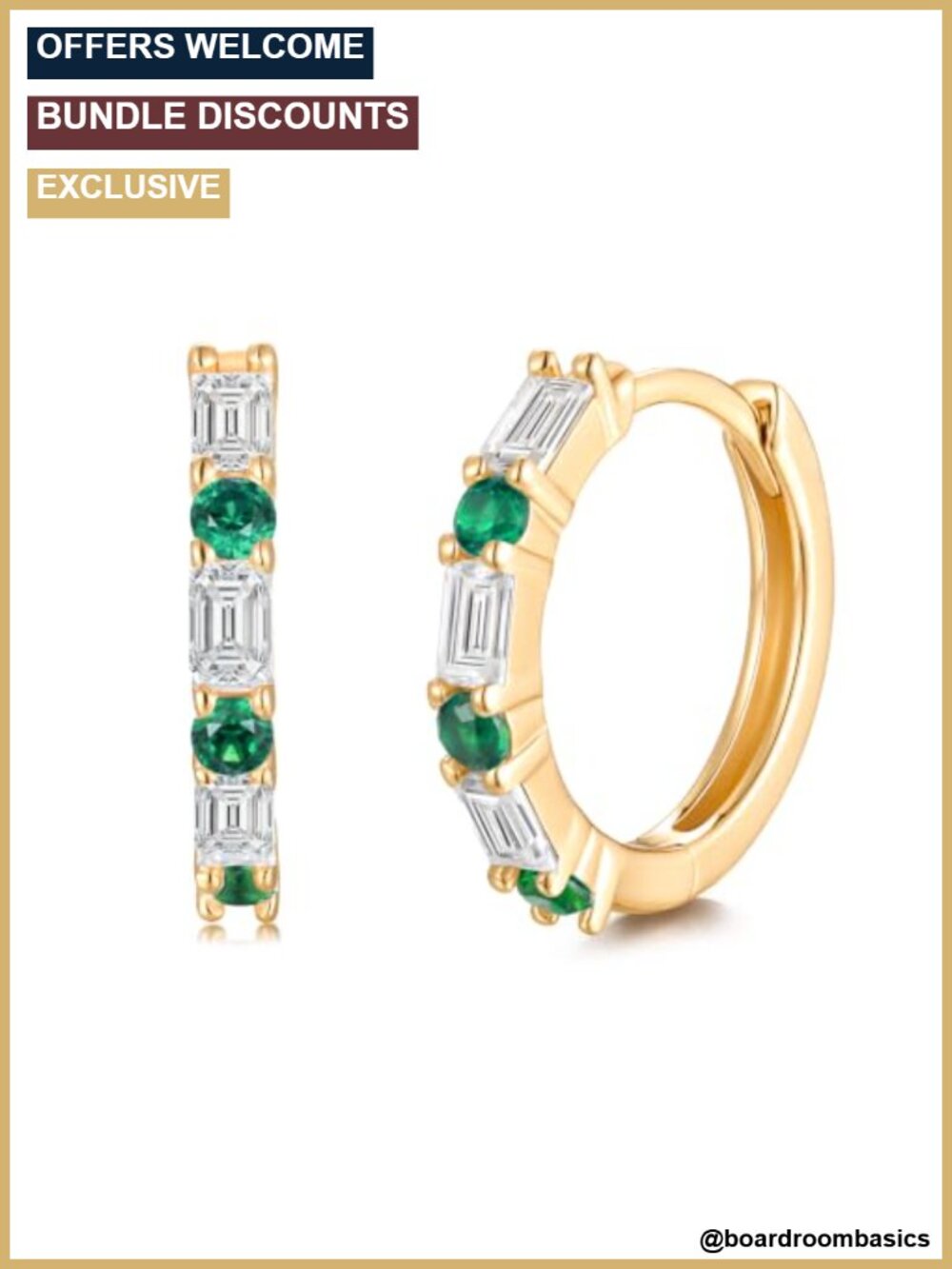 Sterling Silver Huggie Hoop Earrings with Emerald and Moissanite, Rhodium Plated